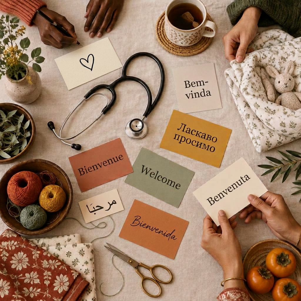 Cartoline con la parola benvenuto in italiano, francese, spagnolo, portoghese, inglese, ucraino e arabo, accanto a uno stetoscopio, gomitoli di lana, una tazza di tè e un coniglietto di pezza